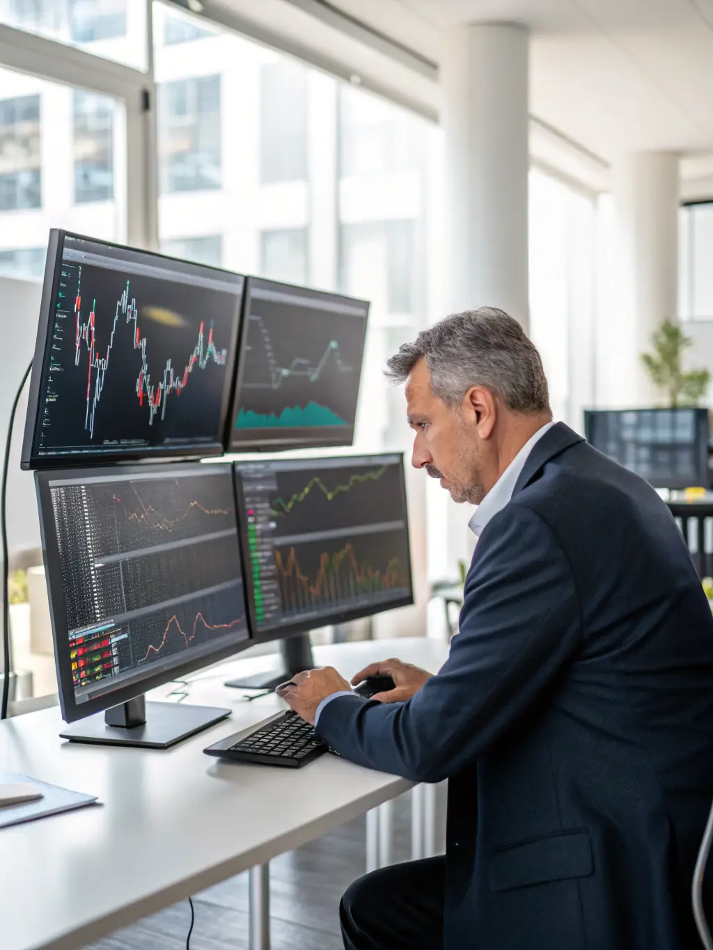 A professional man in a suit, confidently pointing at a digital display showing positive financial growth charts, symbolizing expertise and success in financial guidance.