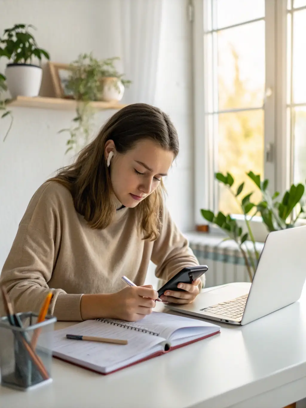 A person using a budgeting app on their smartphone, reviewing their monthly expenses and income.