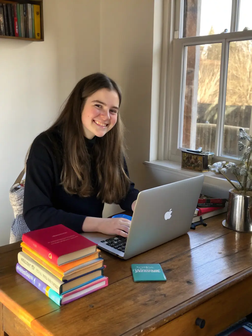 A student smiling while studying with a laptop, illustrating the use of a personal loan for education.