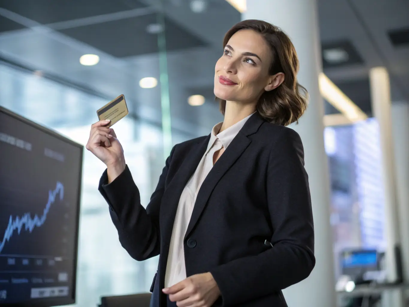 A professional woman in a business suit confidently using a sleek, modern credit card at a high-end restaurant, symbolizing the convenience and sophistication of Corporate-Zenus.com's card solutions.