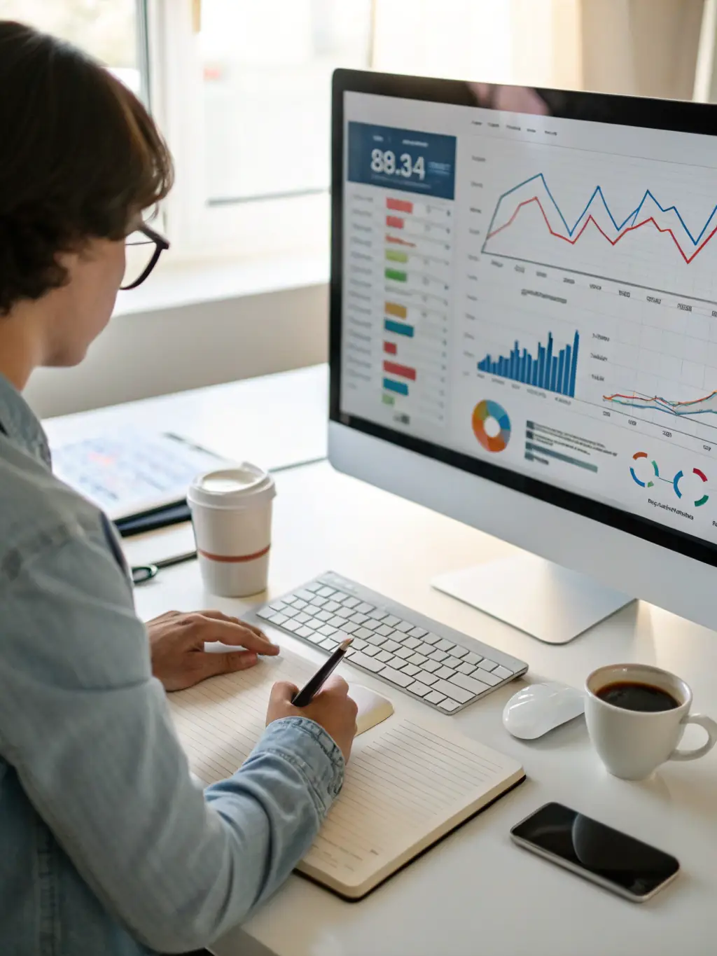 A person analyzing financial data on a laptop, with charts and graphs visible on the screen.
