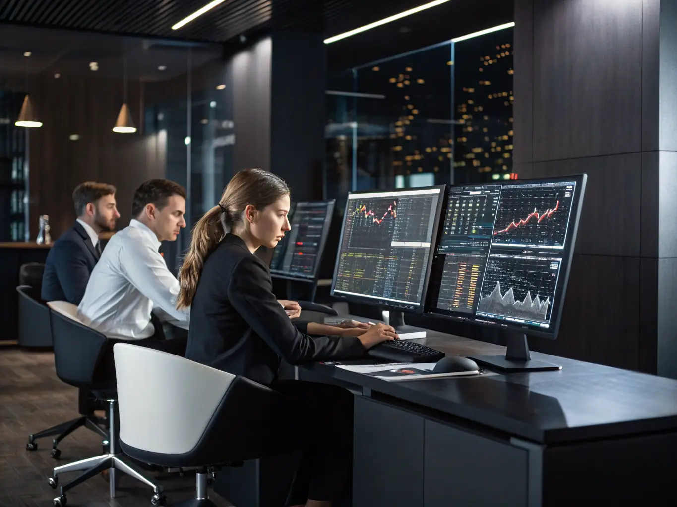 A professional workspace featuring a financial analyst reviewing market data on multiple monitors, emphasizing data-driven insights.