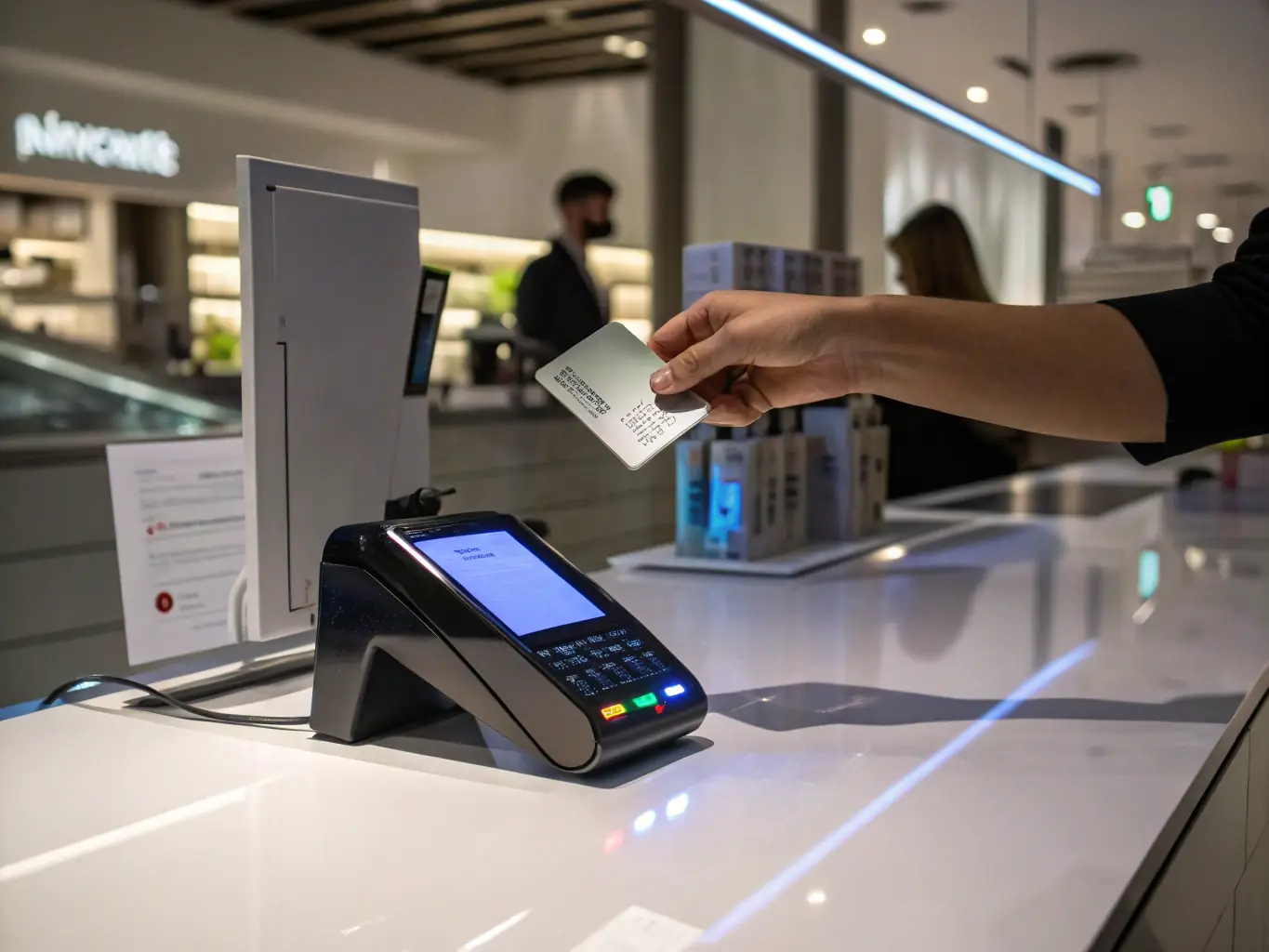 A close-up shot of a contactless payment terminal with a credit card hovering above it, emphasizing the ease and security of contactless payments offered by Corporate-Zenus.com.