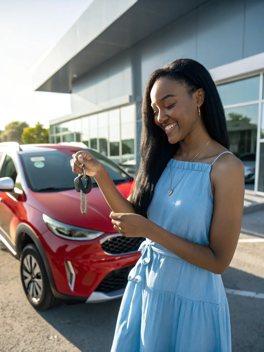 A person happily receiving keys to a new car, symbolizing the use of a personal loan for vehicle purchase.